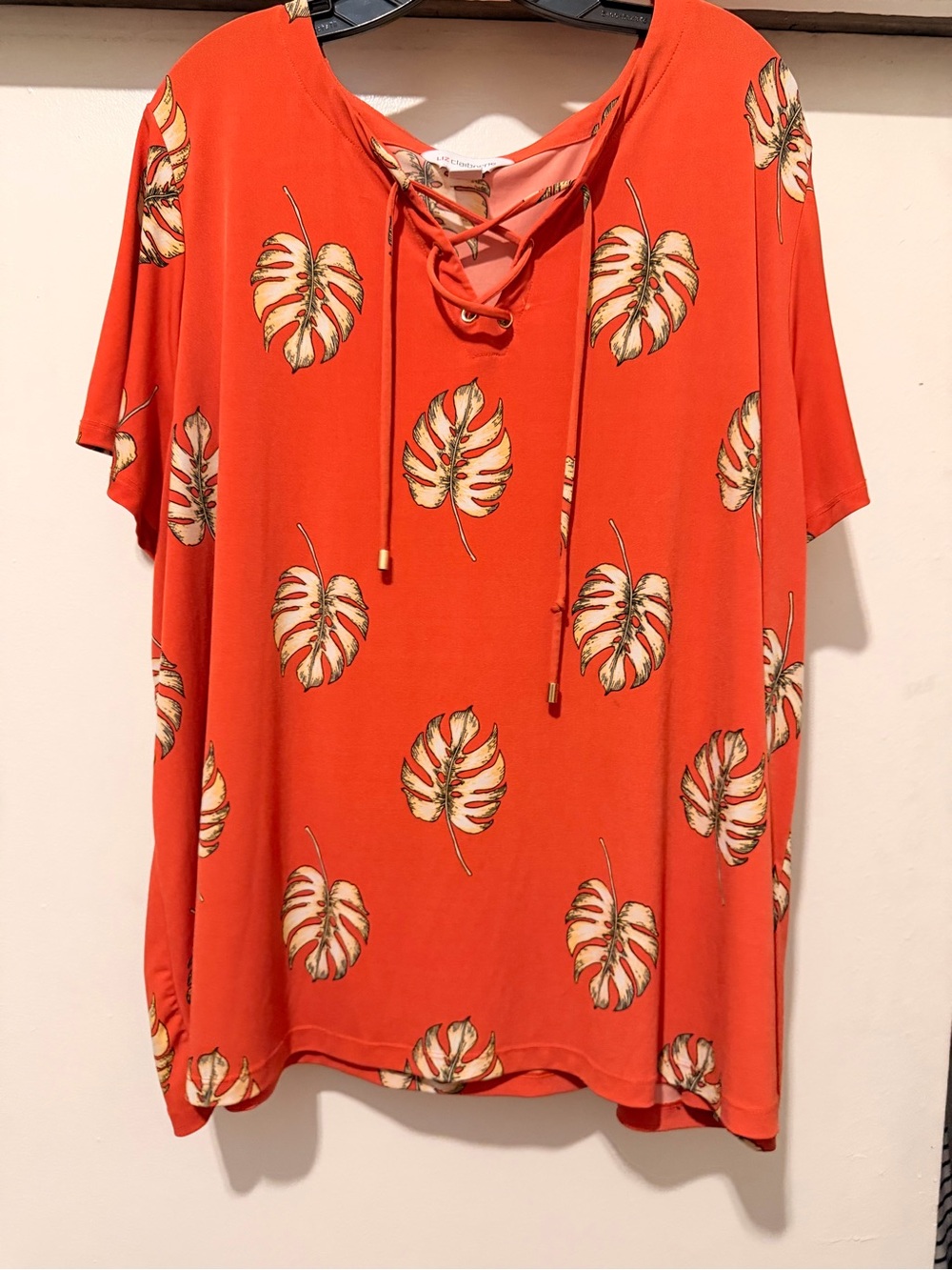 Liz Claiborne Orange Tropical Leaf Lace-Up Short Sleeve Tee